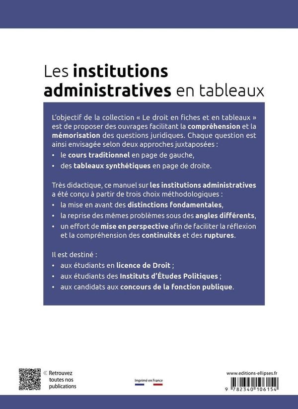 Quatrième de couverture de « Les institutions administratives en tableaux »