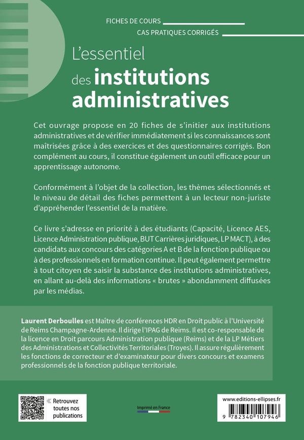 Quatrième de couverture de « L'essentiel des institutions administratives : fiches de cours et cas pratiques corrigés »