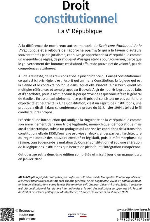 Quatrième de couverture de « Droit constitutionnel : la Ve République »