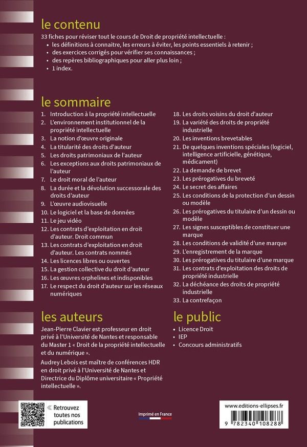 Quatrième de couverture de « Fiches de droit de la propriété intellectuelle : rappels de cours et exercices corrigés »