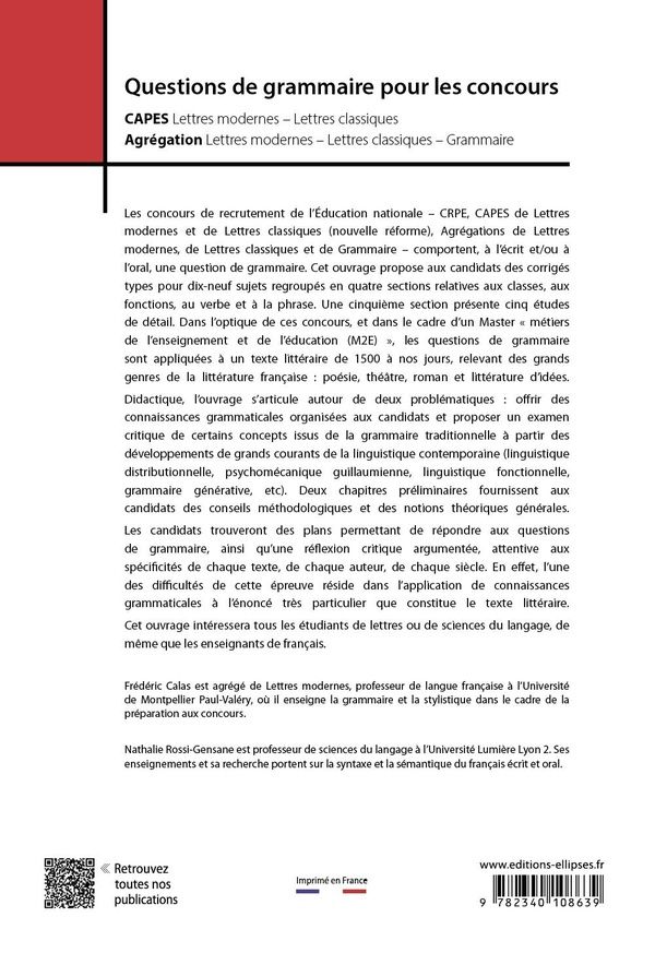Quatrième de couverture de « Questions de grammaire pour les concours »