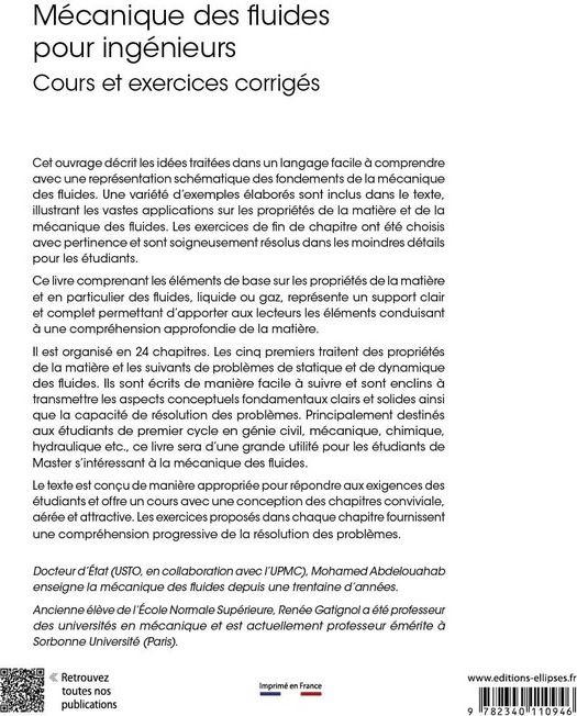 Quatrième de couverture de « MECANIQUE DES FLUIDES POUR INGENIEURS - COURS ET EXERCICES CORRIGES »