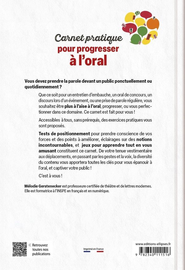 Quatrième de couverture de « Carnet pratique pour progresser à l'oral : conseils, exercices pratiques, jeux »