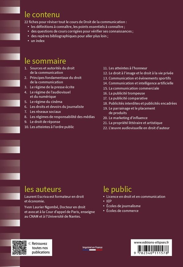 Quatrième de couverture de « Fiches de droit de la communication : rappels de cours et exercices corrigés »