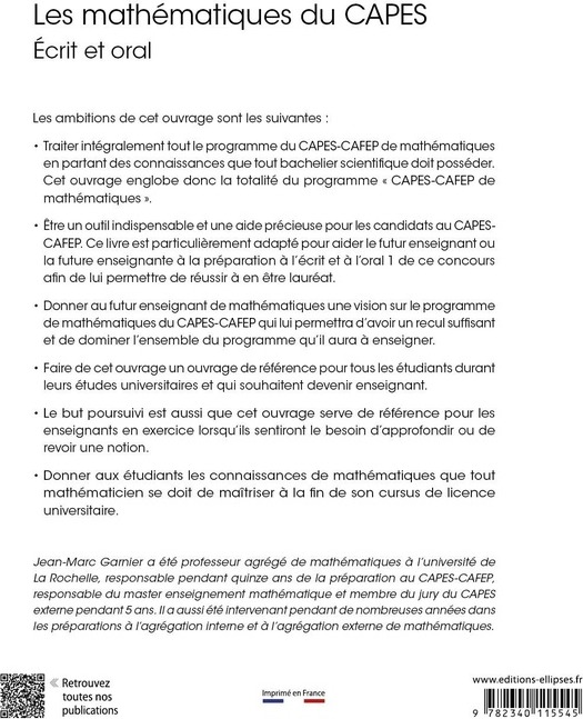 Quatrième de couverture de « Les mathématiques du CAPES : écrit et oral »