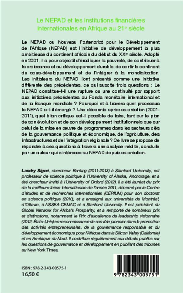 Quatrième de couverture de « LE NEPAD ET LES INSTITUTIONS FINANCIERES EN AFRIQUE AU 21E SIECLE - EMERGENCE, EVOLUTION ET BILAN »