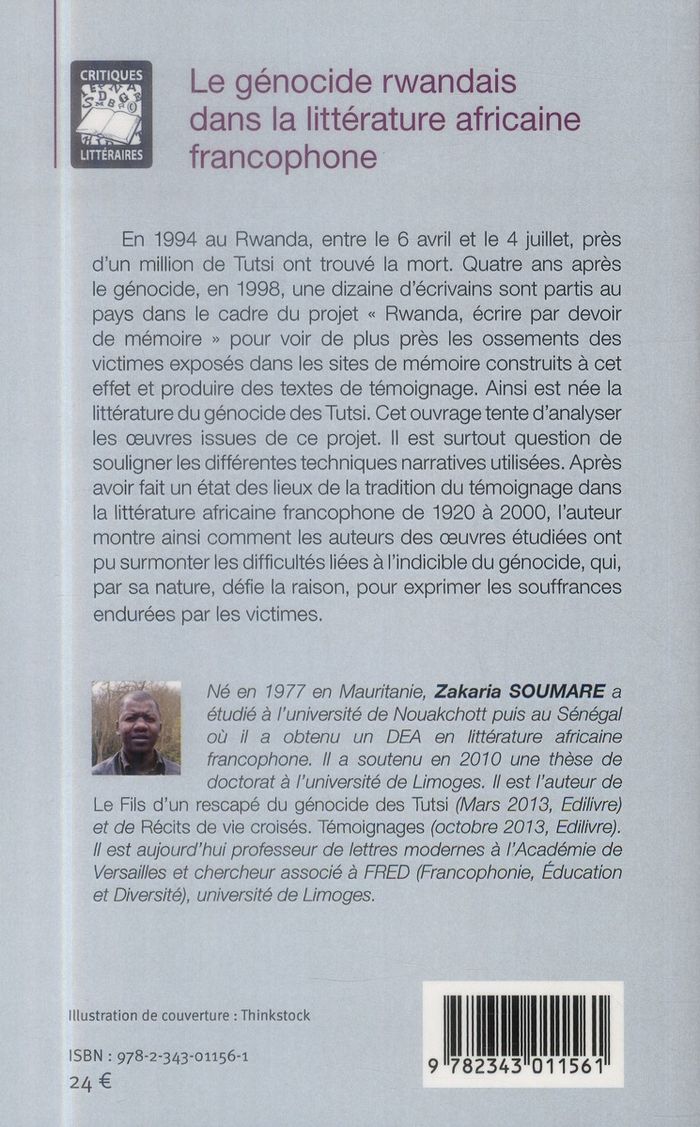 Quatrième de couverture de « LE GENOCIDE RWANDAIS DANS LA LITTERATURE AFRICAINE FRANCOPHONE »