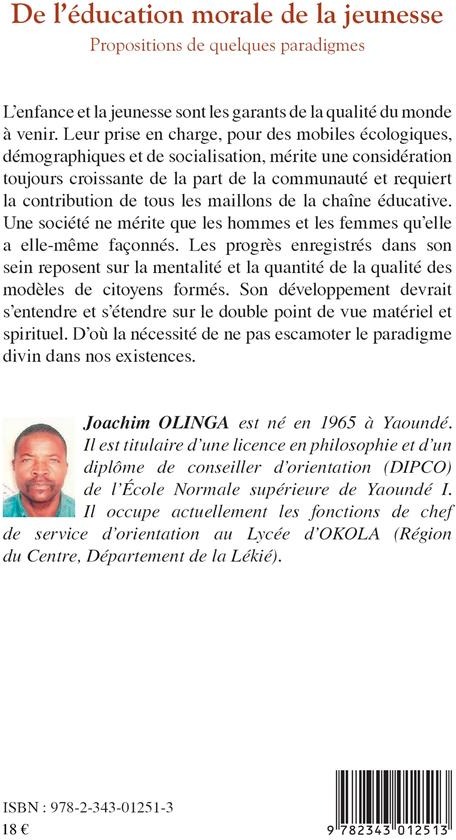 Quatrième de couverture de « DE L'EDUCATION MORALE DE LA JEUNESSE - PROPOSITIONS DE QUELQUES PARADIGMES »