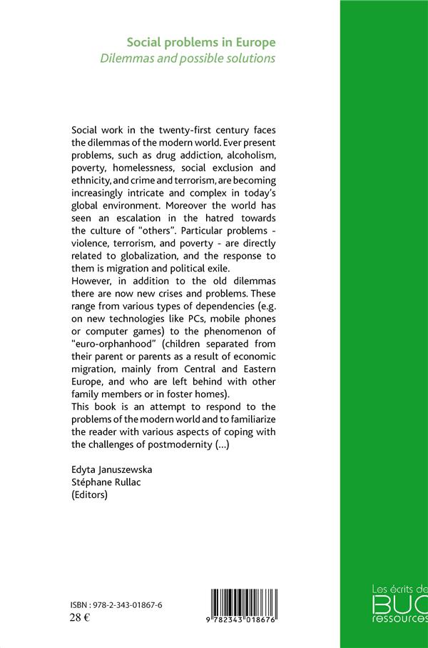 Quatrième de couverture de « SOCIAL PROBLEMS IN EUROPE - DILEMMAS AND POSSIBLE SOLUTIONS »