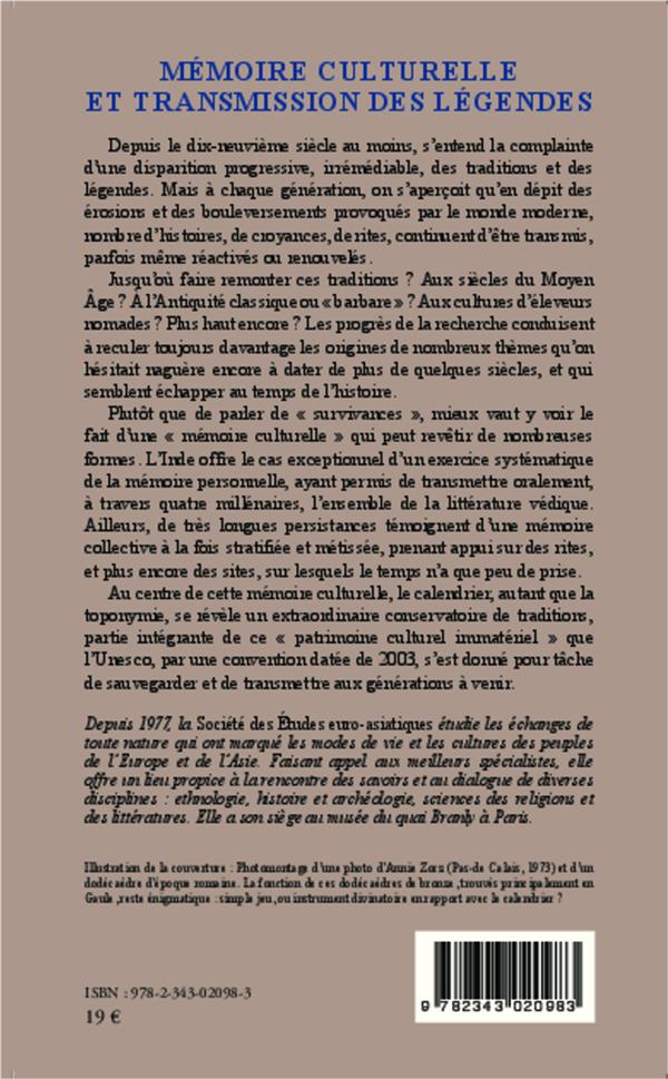 Quatrième de couverture de « MEMOIRE CULTURELLE ET TRANSMISSION DES LEGENDES »
