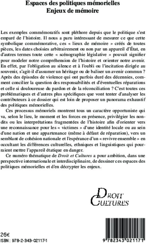Quatrième de couverture de « ESPACES DES POLITIQUES MEMORIELLES - VOL66 - ENJEUX DE MEMOIRE »