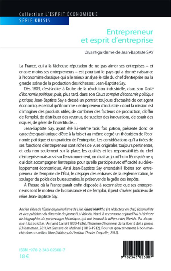 Quatrième de couverture de « ENTREPRENEUR ET ESPRIT D'ENTREPRISE - L'AVANT-GARDISME DE JEAN-BAPTISTE SAY »