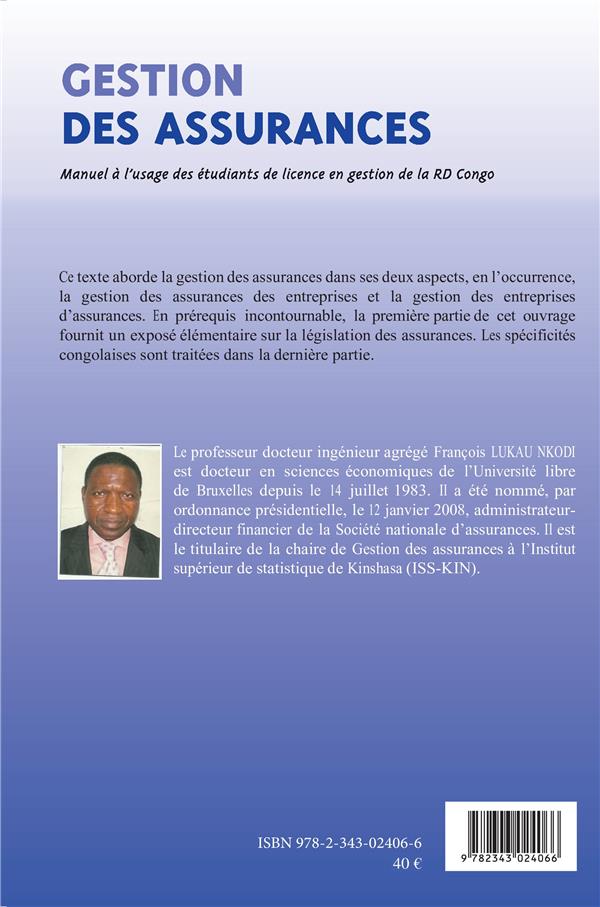 Quatrième de couverture de « GESTION DES ASSURANCES - MANUEL A L'USAGE DES ETUDIANTS DE LICENCE EN GESTION DE LA RD CONGO »