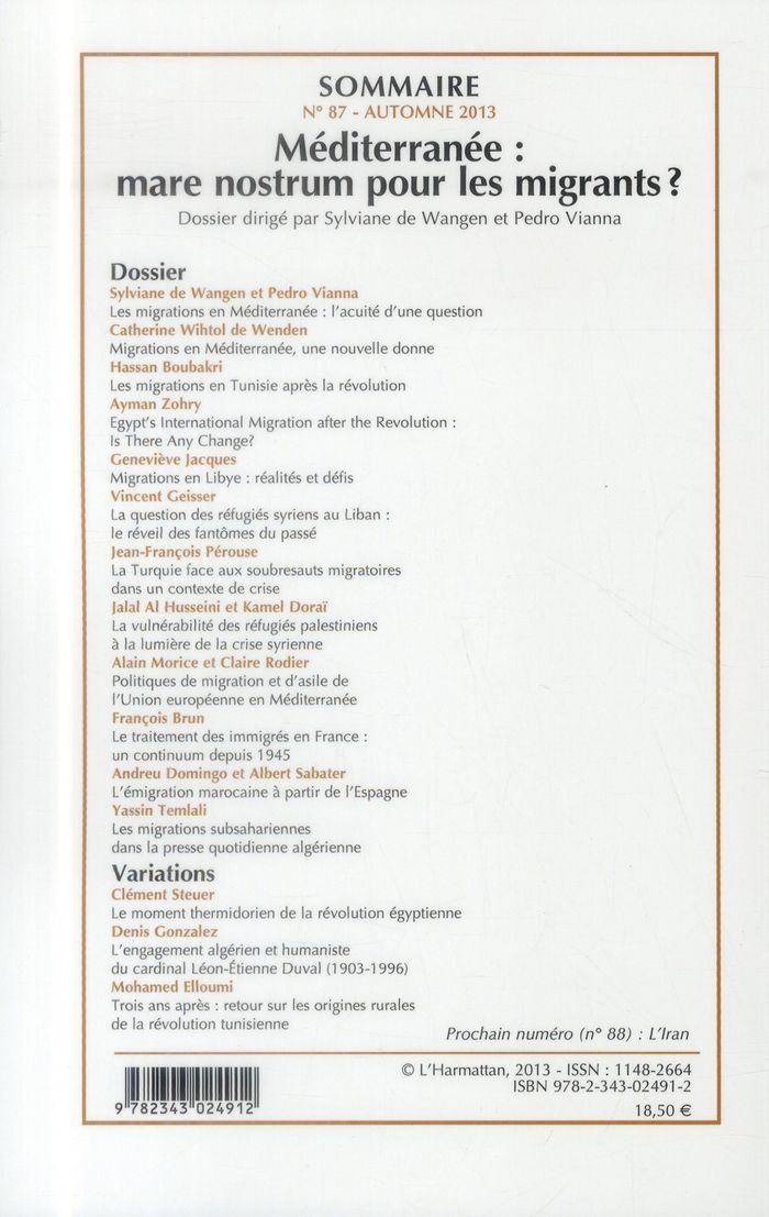 Quatrième de couverture de « MEDITERRANEE : MARE NOSTRUM POUR LES MIGRANTS ? - VOL87 »