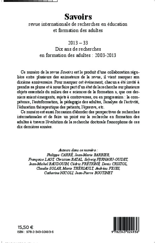 Quatrième de couverture de « DIX ANS DE RECHERCHES EN FORMATION DES ADULTES : 2003-2013 - VOL33 »