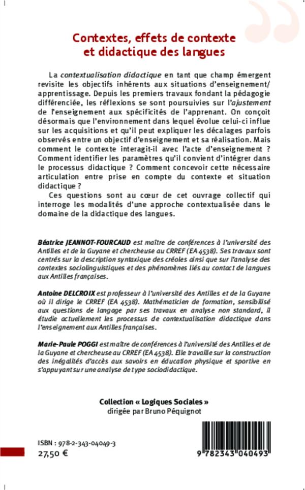 Quatrième de couverture de « CONTEXTES, EFFETS DE CONTEXTE ET DIDACTIQUE DES LANGUES »