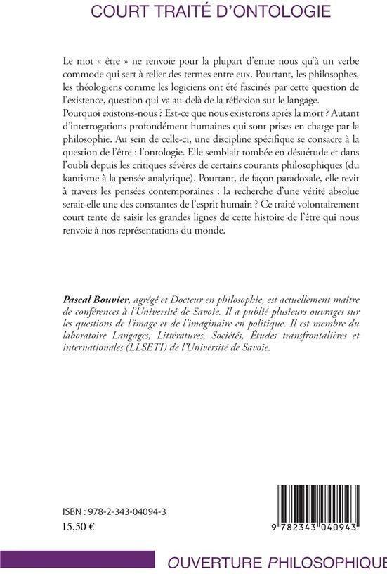 Quatrième de couverture de « COURT TRAITE D'ONTOLOGIE »