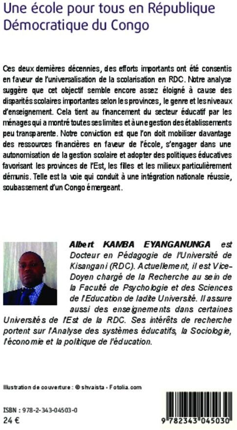 Quatrième de couverture de « UNE ECOLE POUR TOUS EN REPUBLIQUE DEMOCRATIQUE DU CONGO »