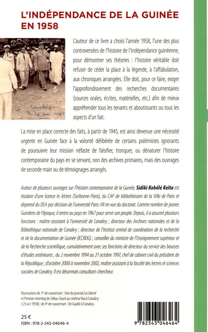 Quatrième de couverture de « L'INDEPENDANCE DE LA GUINEE EN 1958 - CHRONOLOGIE ET COMMENTAIRES »