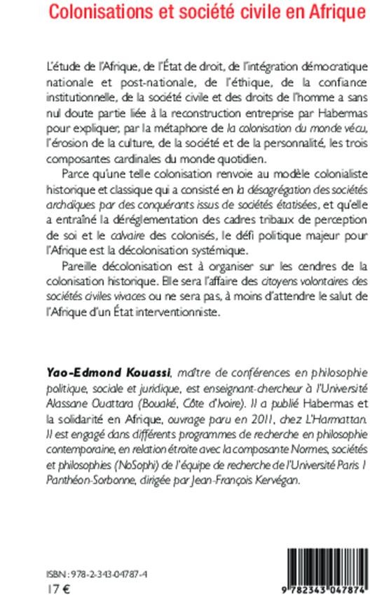 Quatrième de couverture de « COLONISATIONS ET SOCIETE CIVILE EN AFRIQUE »