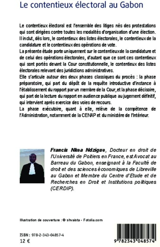 Quatrième de couverture de « LE CONTENTIEUX ELECTORAL AU GABON »