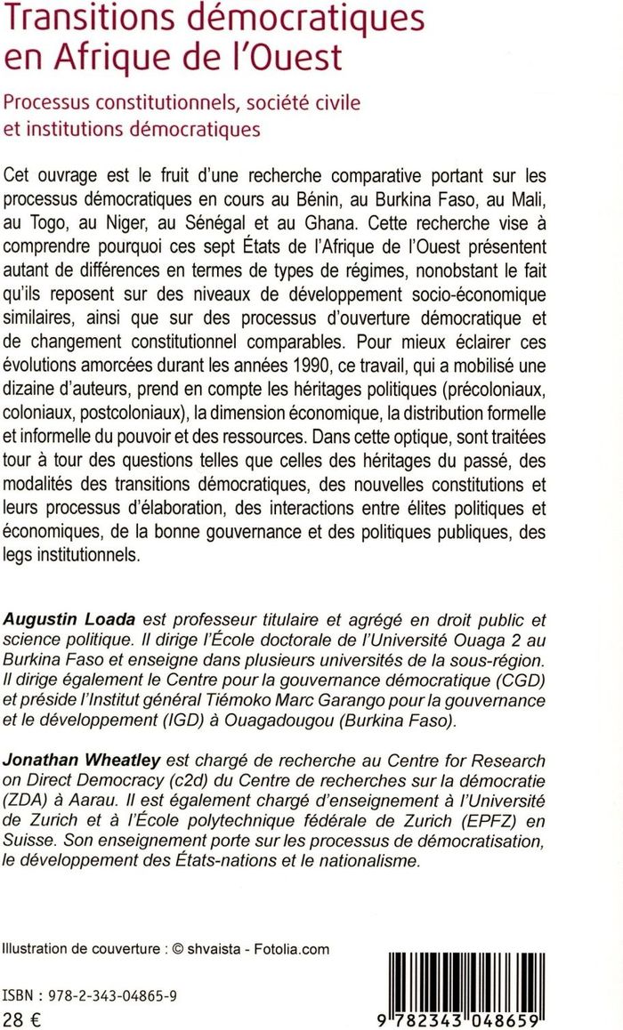 Quatrième de couverture de « TRANSITIONS DEMOCRATIQUES EN AFRIQUE DE L'OUEST - PROCESSUS CONSTITUTIONNELS, SOCIETE CIVILE ET INST »