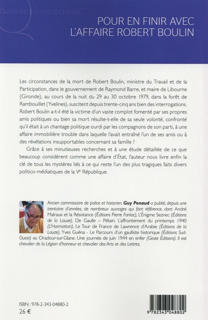 Quatrième de couverture de « POUR EN FINIR AVEC L'AFFAIRE ROBERT BOULIN »
