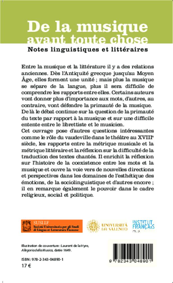 Quatrième de couverture de « DE LA MUSIQUE AVANT TOUTE CHOSE - NOTES LINGUISTIQUES ET LITTERAIRES »