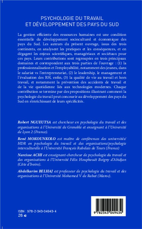 Quatrième de couverture de « PSYCHOLOGIE DU TRAVAIL ET DEVELOPPEMENT DES PAYS DU SUD »