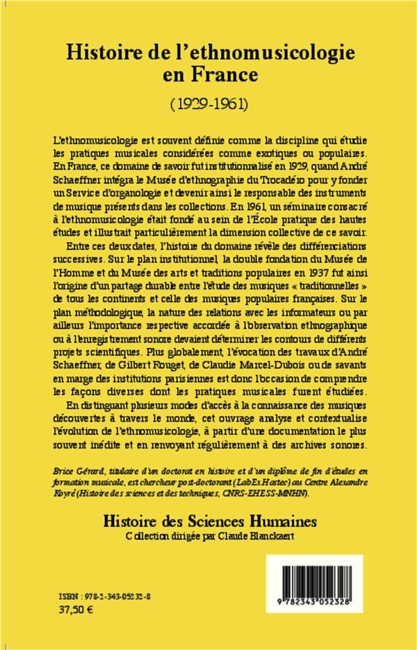 Quatrième de couverture de « HISTOIRE DE L'ETHNOMUSICOLOGIE EN FRANCE - (1929-1961) »