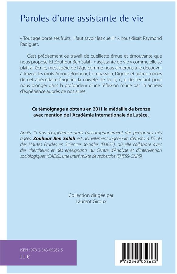 Quatrième de couverture de « PAROLES D'UNE ASSISTANTE DE VIE »