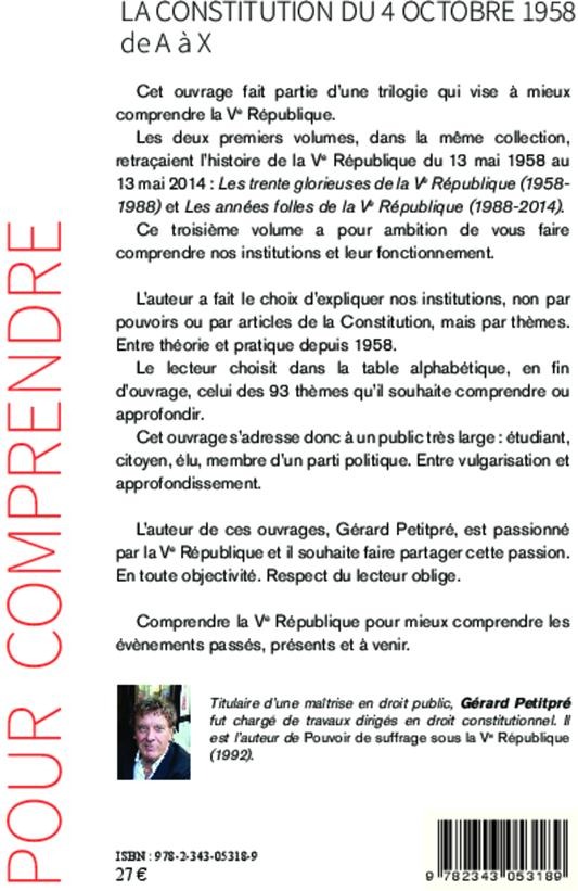 Quatrième de couverture de « LA CONSTITUTION DU 4 OCTOBRE 1958 DE A A X »