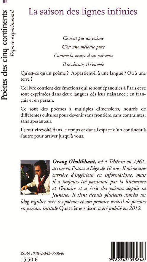Quatrième de couverture de « LA SAISON DES LIGNES INFINIES - CALLIGRAPHIES ET PEINTURES : HASSAM MAKAREMI - POEMES BILINGUES : FR »