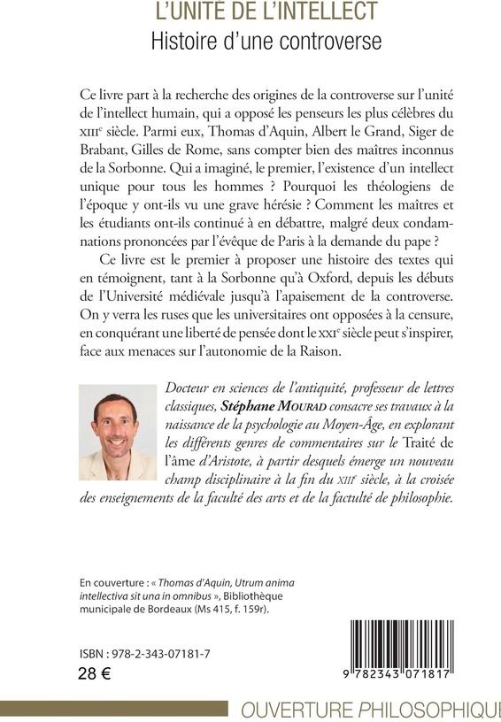 Quatrième de couverture de « L'UNITE DE L'INTELLECT - HISTOIRE D'UNE CONTROVERSE »