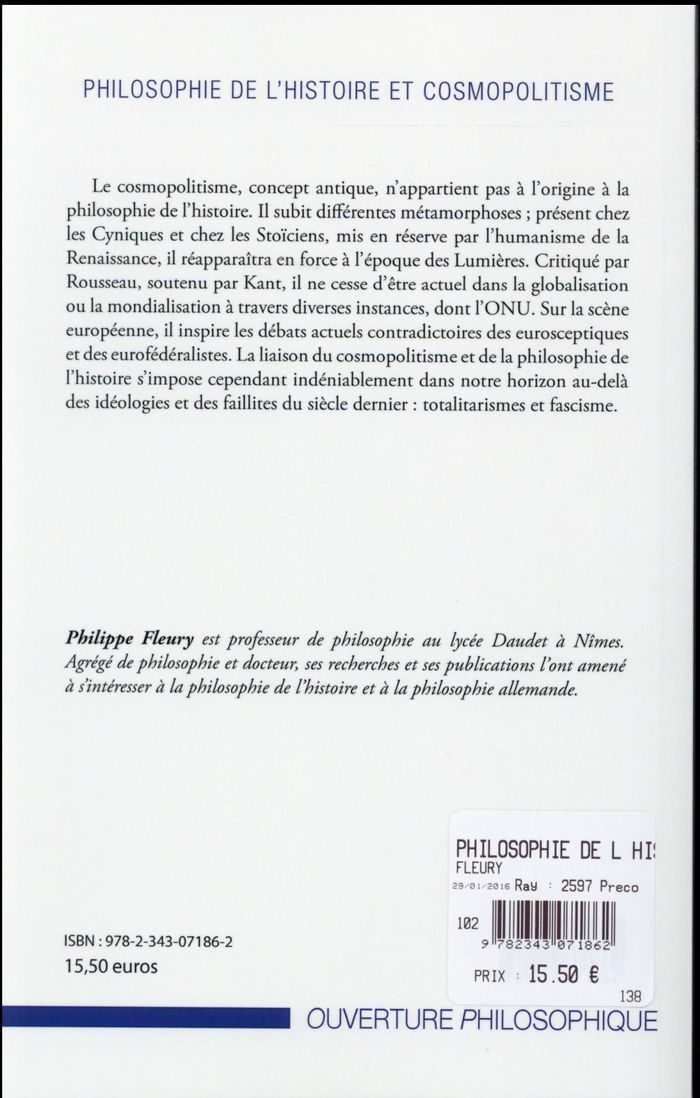 Quatrième de couverture de « PHILOSOPHIE DE L'HISTOIRE ET COSMOPOLITISME »