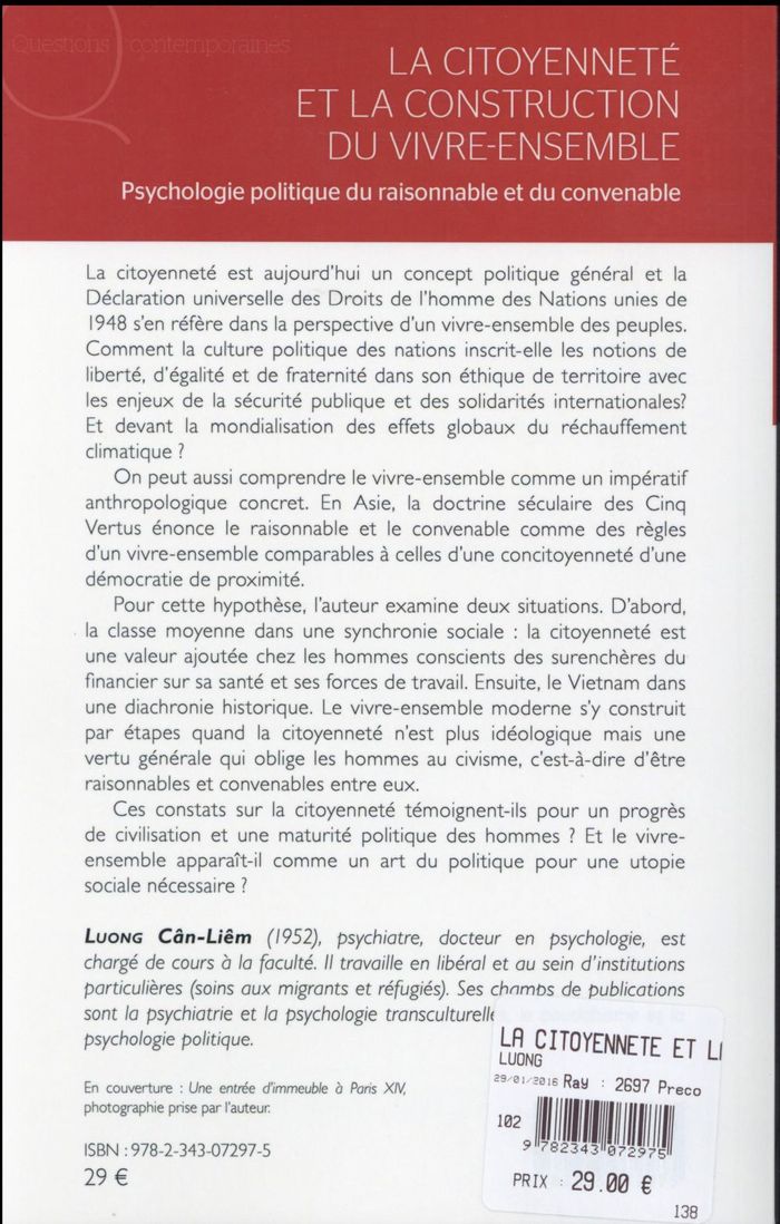 Quatrième de couverture de « LA CITOYENNETE ET LA CONSTRUCTION DU VIVRE-ENSEMBLE - PSYCHOLOGIE POLITIQUE DU RAISONNABLE ET DU CON »