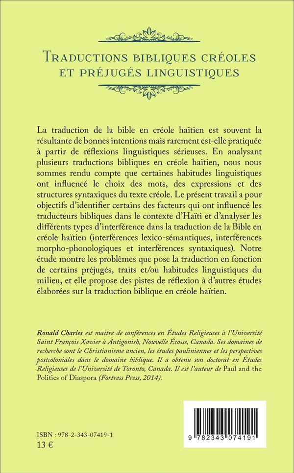 Quatrième de couverture de « TRADUCTIONS BIBLIQUES CREOLES ET PREJUGES LINGUISTIQUES »