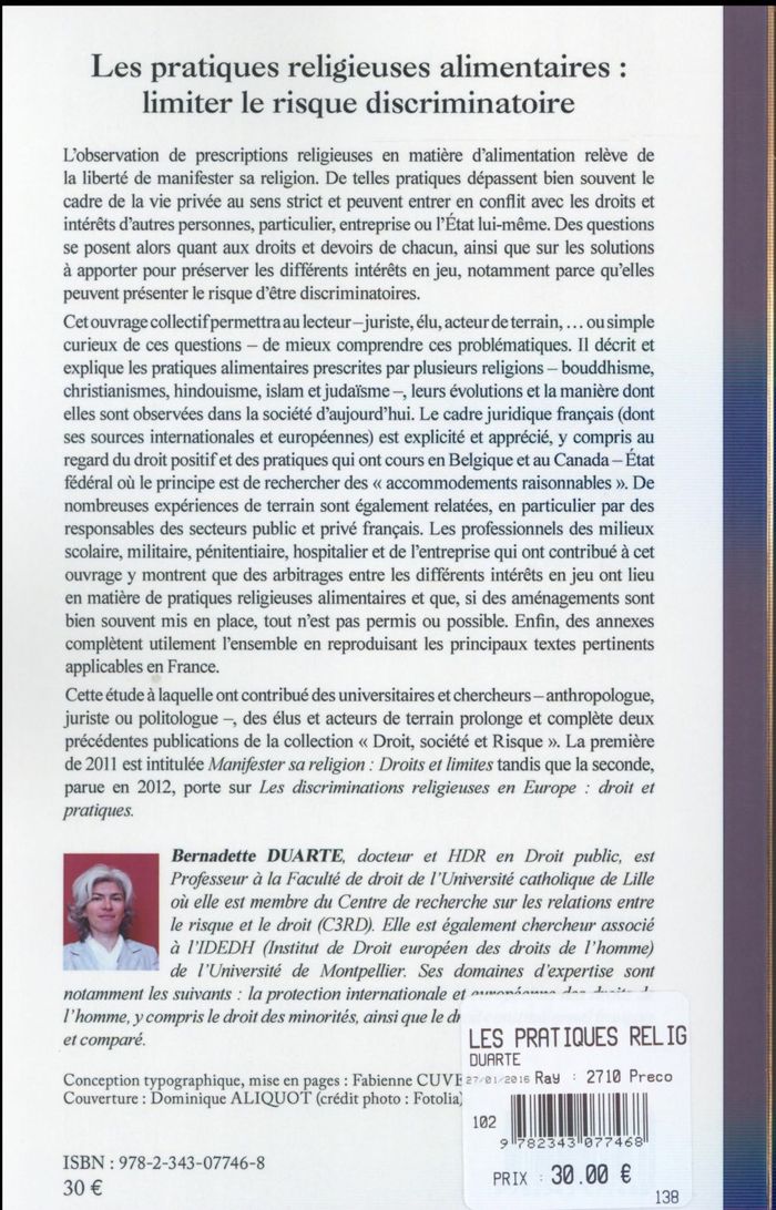 Quatrième de couverture de « LES PRATIQUES RELIGIEUSES ALIMENTAIRES : LIMITER LE RISQUE DISCRIMINATOIRE »