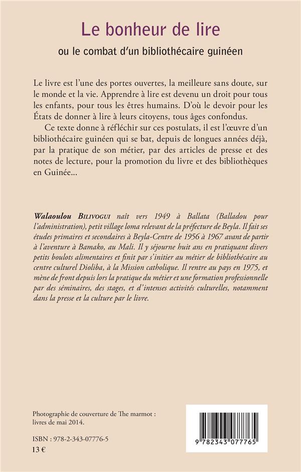 Quatrième de couverture de « LE BONHEUR DE LIRE - OU LE COMBAT D'UN BIBLIOTHECAIRE GUINEEN »