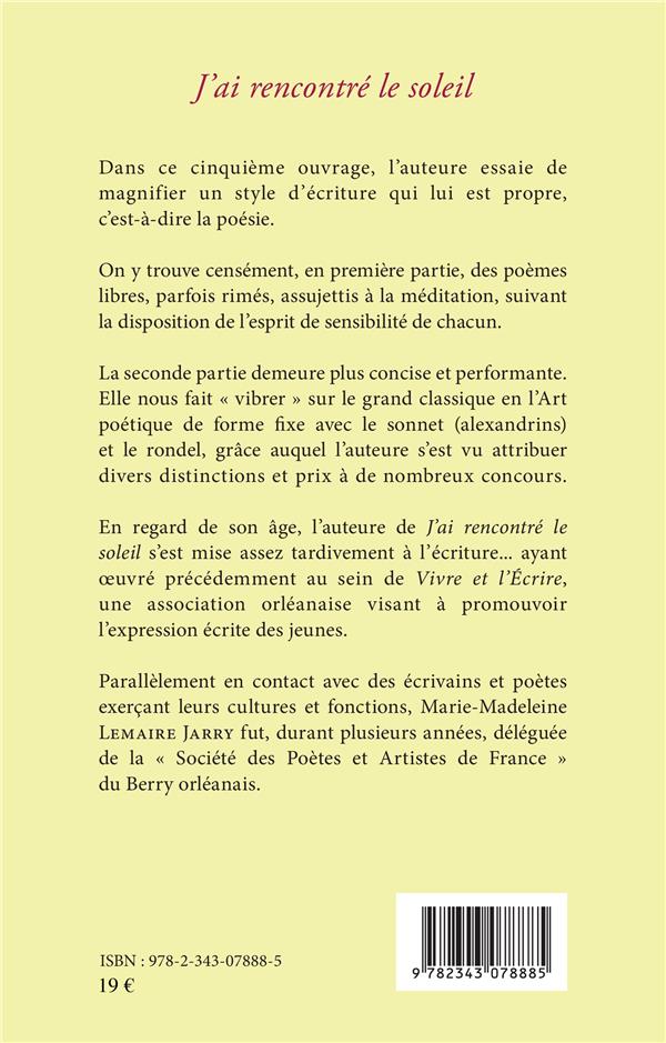 Quatrième de couverture de « J'AI RENCONTRE LE SOLEIL »