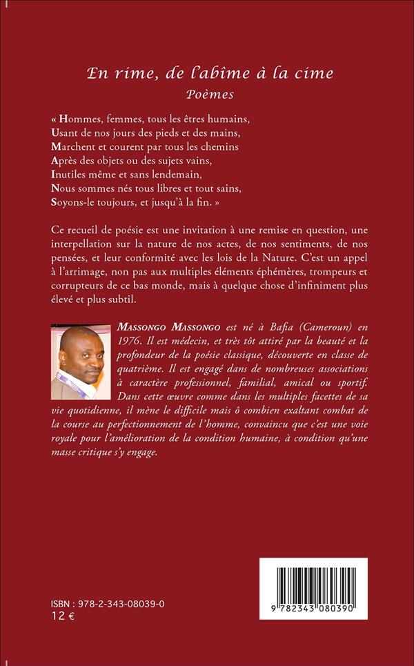 Quatrième de couverture de « EN RIME, DE L'ABIME A LA CIME - POEMES »
