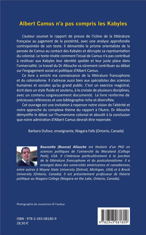 Quatrième de couverture de « ALBERT CAMUS N'A PAS COMPRIS LES KABYLES »