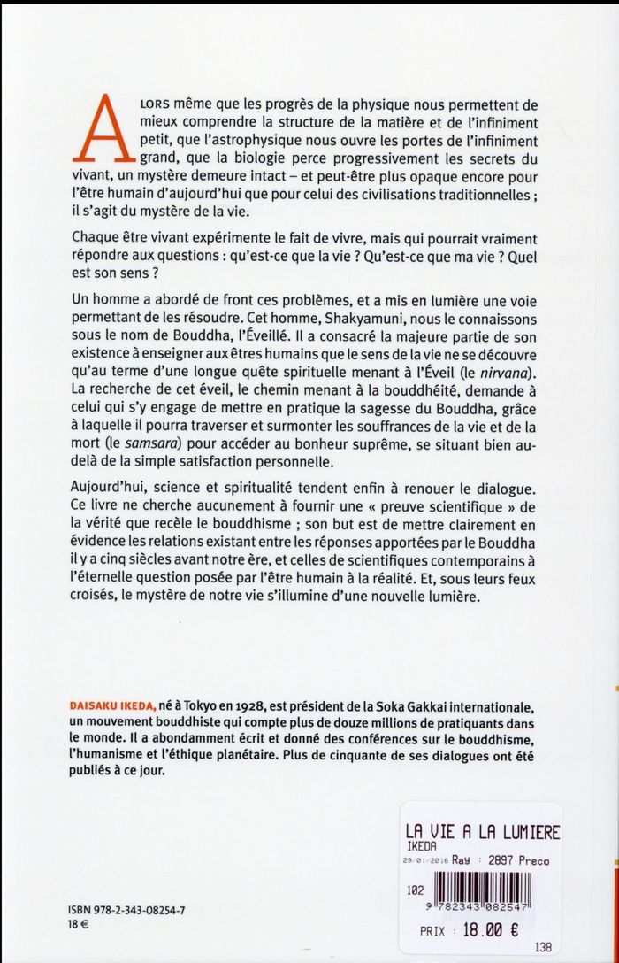 Quatrième de couverture de « LA VIE A LA LUMIERE DU BOUDDHISME »