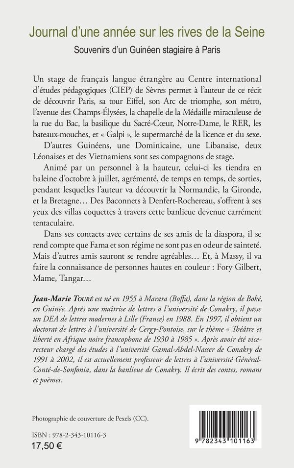 Quatrième de couverture de « JOURNAL D'UNE ANNEE SUR LES RIVES DE LA SEINE - SOUVENIRS D'UN GUINEEN STAGIAIRE A PARIS »