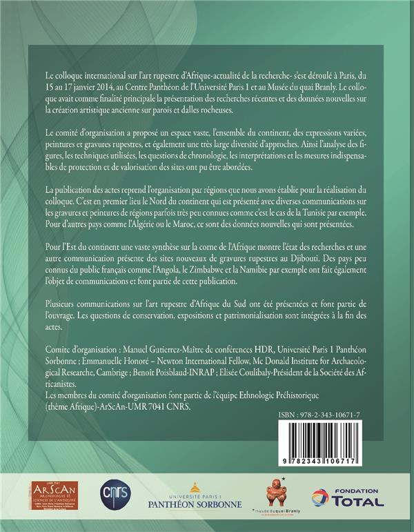 Quatrième de couverture de « L'ART RUPESTRE D'AFRIQUE - ACTUALITE DE LA RECHERCHE ACTES DU COLLOQUE INTERNATIONAL (PARIS, 15-16-1 »