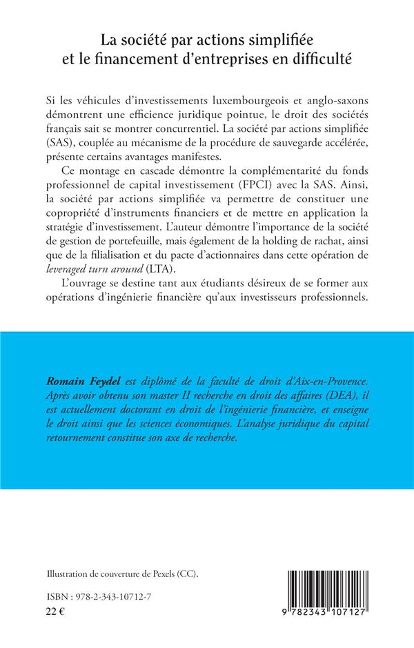 Quatrième de couverture de « LA SOCIETE PAR ACTIONS SIMPLIFIEE ET LE FINANCEMENT D'ENTREPRISES EN DIFFICULTE »