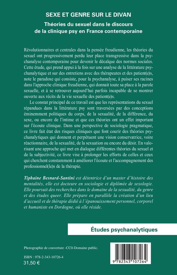 Quatrième de couverture de « Sexe et genre sur le divan : théories du sexuel dans le discours et la clinique psy en France contemporaine »