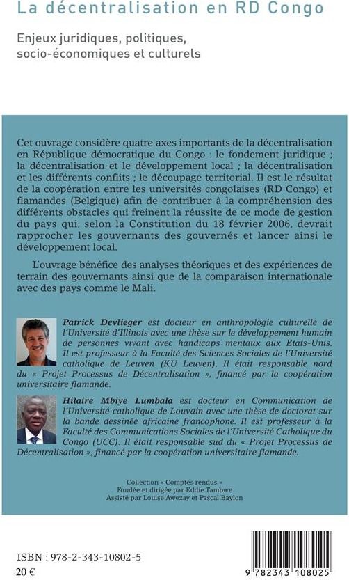 Quatrième de couverture de « LA DECENTRALISATION EN RD CONGO - ENJEUX JURIDIQUES, POLITIQUES, SOCIO-ECONOMIQUES ET CULTURELS »