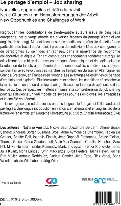 Quatrième de couverture de « LE PARTAGE D'EMPLOI - JOB SHARING - NOUVELLES OPPORTUNITES ET DEFIS DU TRAVAIL - NEW OPPORTUNITIES A »