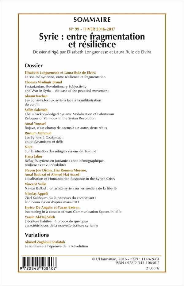 Quatrième de couverture de « SYRIE : ENTRE FRAGMENTATION ET RESILIENCE - VOL99 »